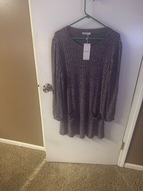 Women's Ribbed Scoop Neck Sweater Dress in Heather Gray with purple